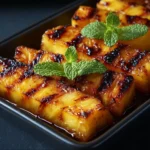 Caramelized brown sugar grilled pineapple slices on a barbecue grill.