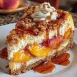 Cheesecake topped with peach filling and fresh peaches for a delicious dessert