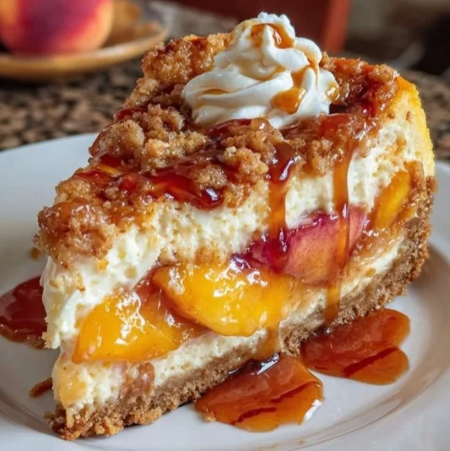 Cheesecake topped with peach filling and fresh peaches for a delicious dessert