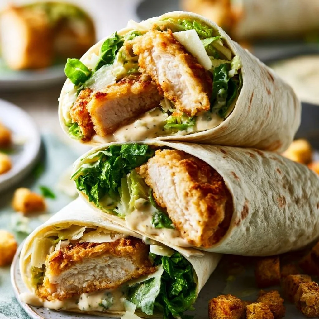 Delicious Chicken Caesar Wrap filled with chicken, romaine lettuce, and Caesar dressing.