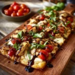 Chicken Caprese Flatbread topped with mozzarella, basil, and tomatoes