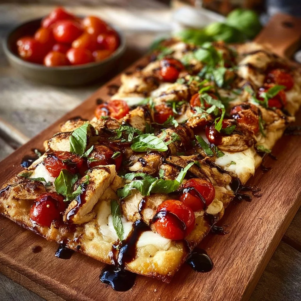 Chicken Caprese Flatbread topped with mozzarella, basil, and tomatoes