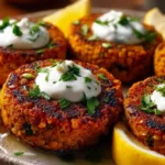 Chickpea patties with garlic yogurt sauce served on a plate