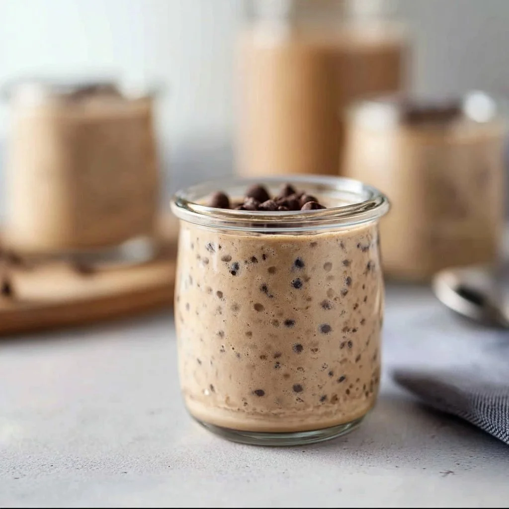 Bowl of chocolate protein overnight oats topped with fruits and nuts