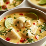 Bowl of Coconut Lime Fish Soup with fresh herbs and lime slices
