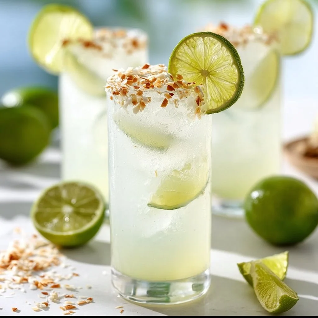 Glass of Coconut Lime Refresher with lime slices and coconut garnish