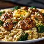 Cowboy Butter Lemon Bowtie Chicken served with broccoli for a tasty meal