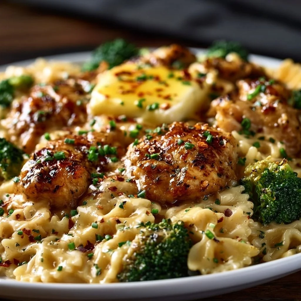Cowboy Butter Lemon Bowtie Chicken served with broccoli for a tasty meal