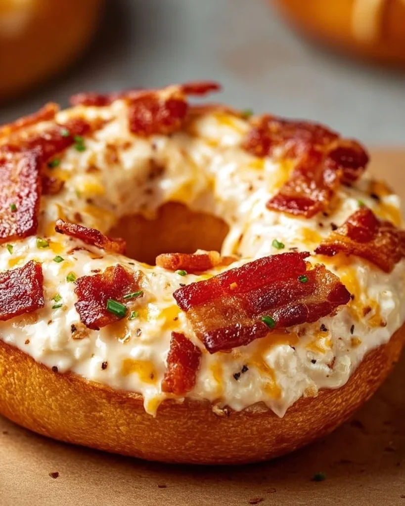 Creamy bacon cheddar bagels fresh out of the oven, golden brown and appetizing.