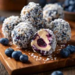 Creamy blueberry cheesecake protein balls displayed on a white plate
