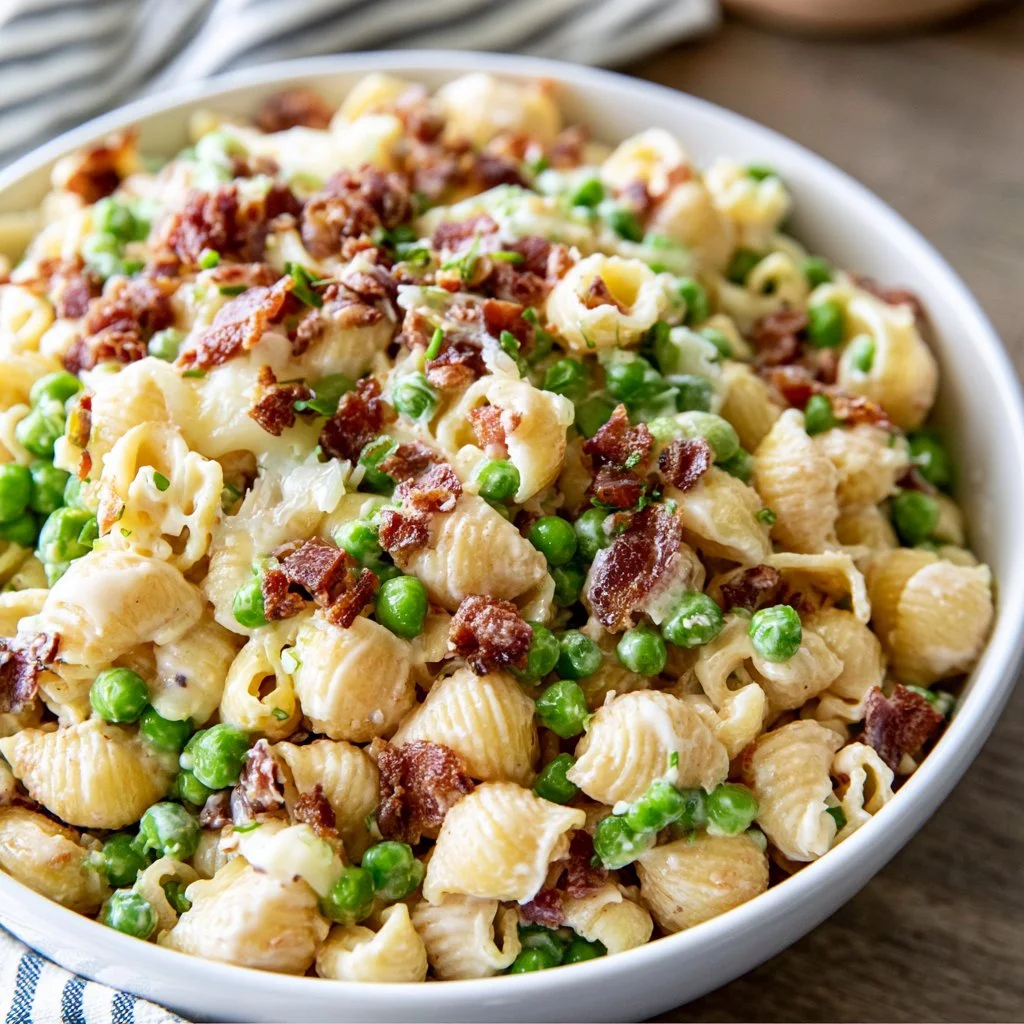 Bowl of creamy pasta salad with colorful vegetables and dressing