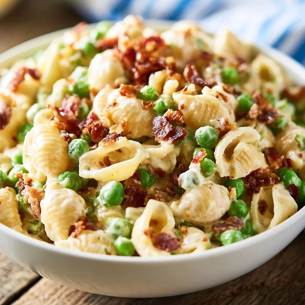 Creamy pasta salad with fresh vegetables and herbs in a bowl