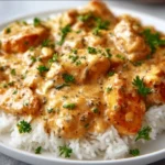 Delicious creamy smothered chicken served over fluffy rice