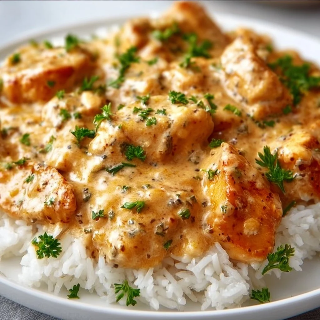 Delicious creamy smothered chicken served over fluffy rice