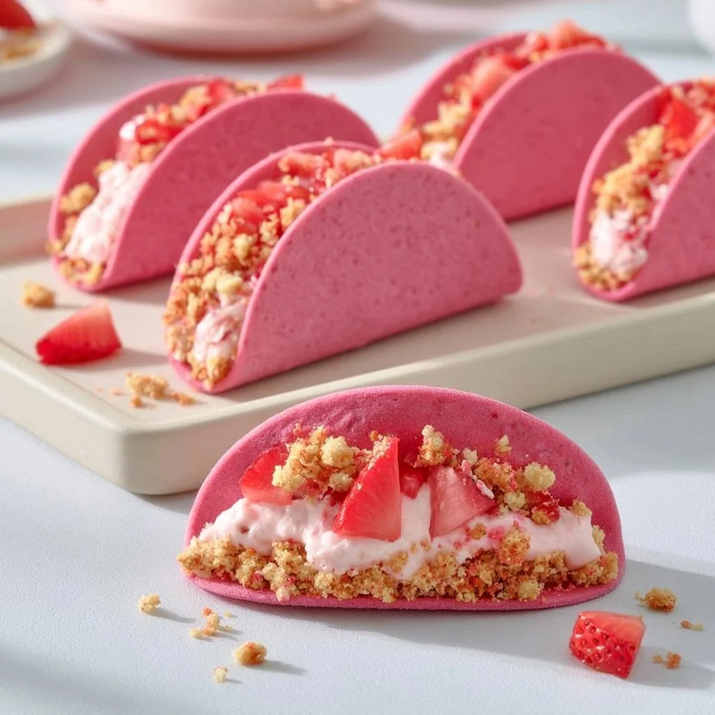 Crispy cheesecake dessert tacos filled with creamy cheesecake