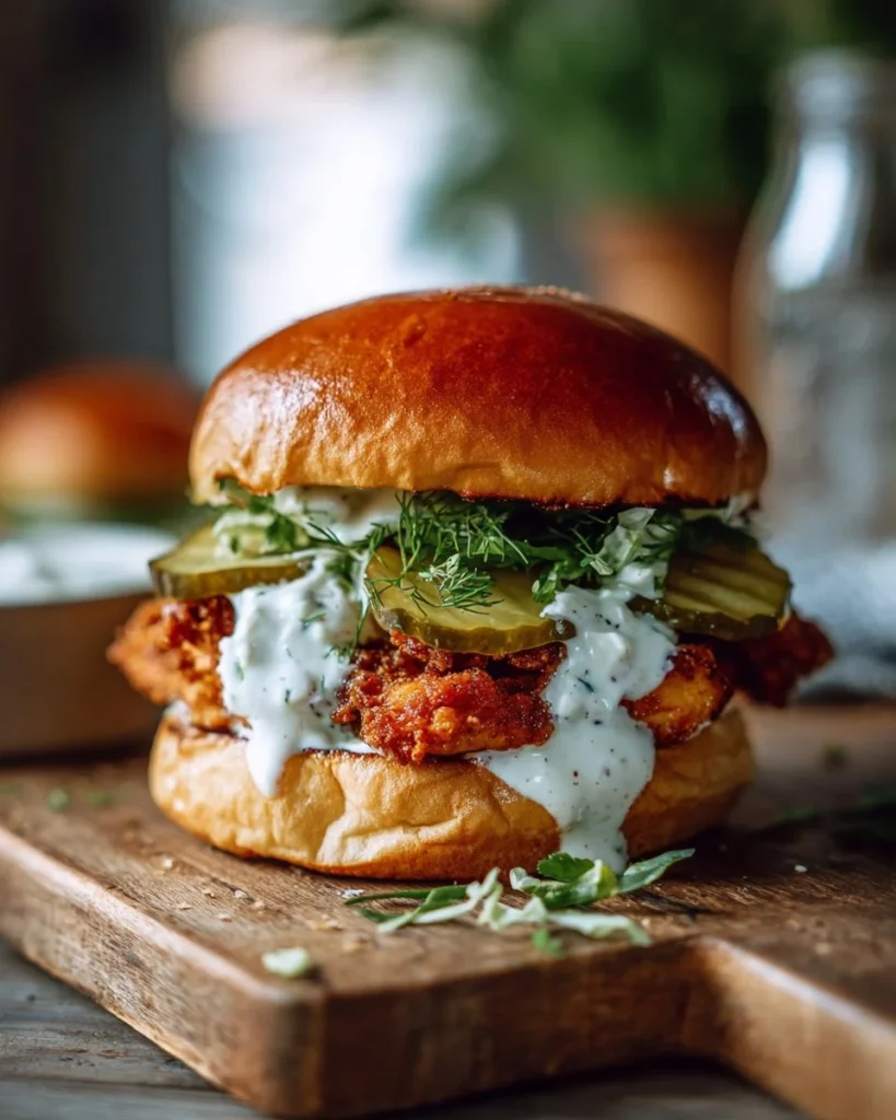 Crispy dill chicken sandwich served with fresh toppings on a bun