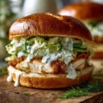 Crispy dill chicken sandwich with lettuce and pickles on a wooden table