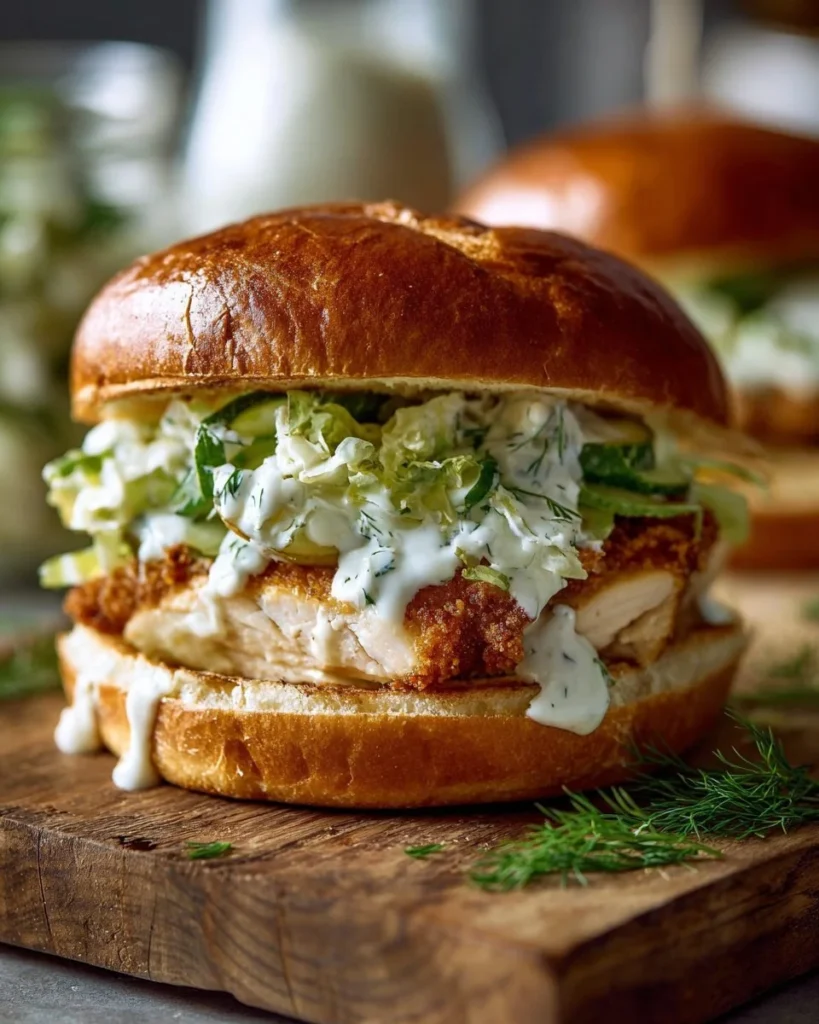 Crispy dill chicken sandwich with lettuce and pickles on a wooden table