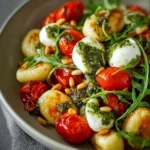 Crispy gnocchi salad with vibrant basil pesto, fresh vegetables, and toppings