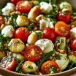 Crispy gnocchi salad topped with fresh basil pesto and vegetables