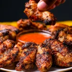 Plate of crispy grilled chicken wings garnished with herbs