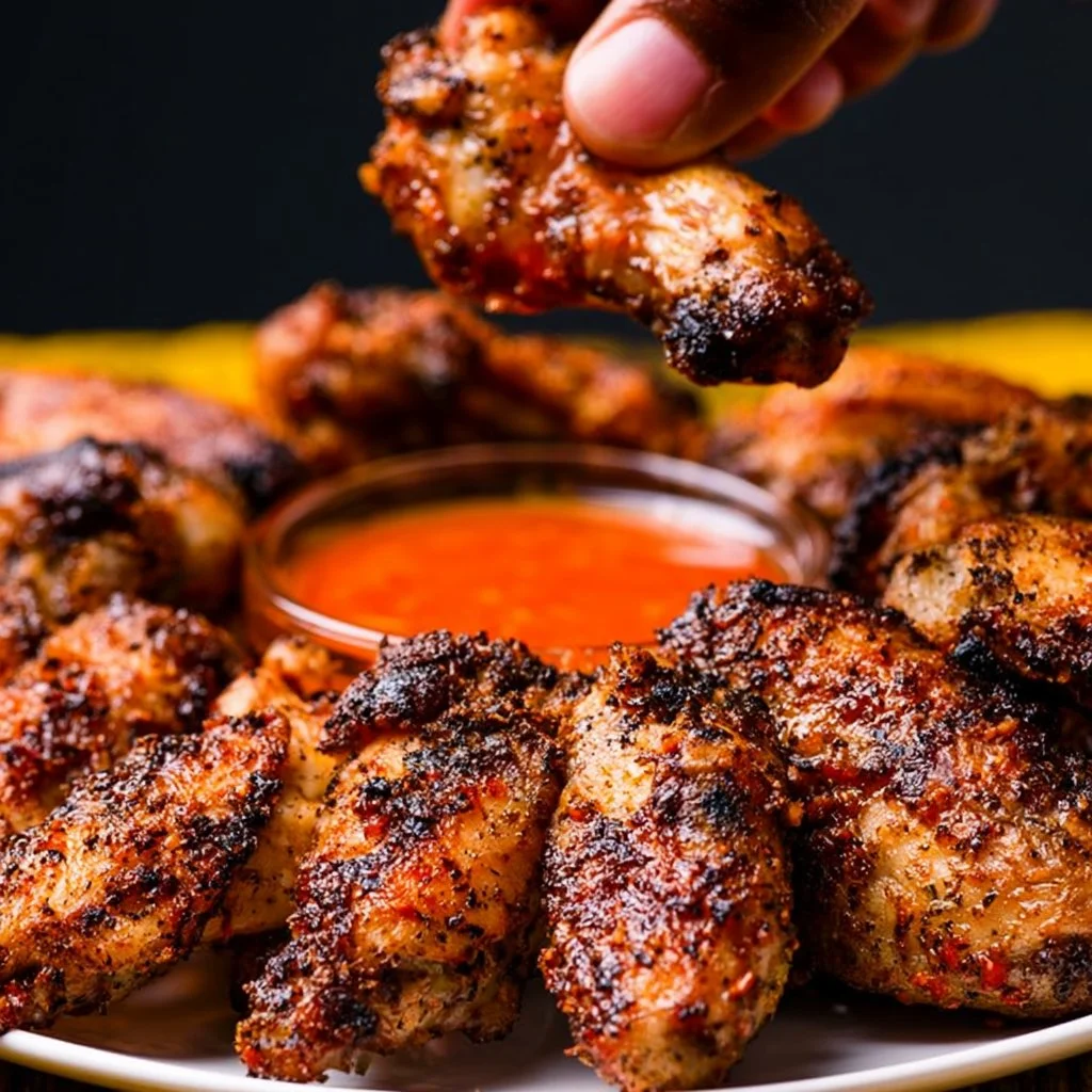 Plate of crispy grilled chicken wings garnished with herbs