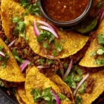 Crispy ground beef tacos topped with fresh vegetables and cheese