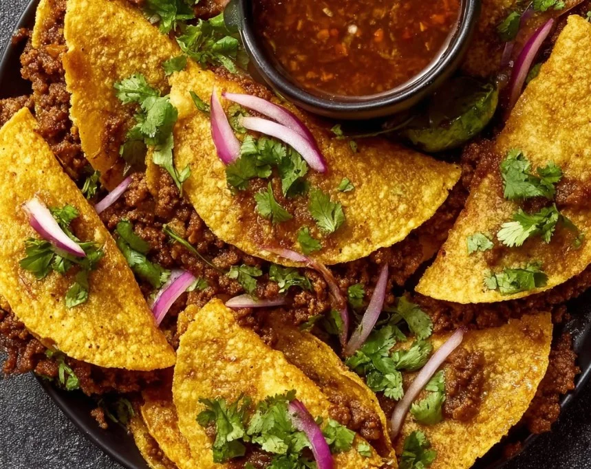 Crispy ground beef tacos topped with fresh vegetables and cheese