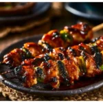 Delicious Dak-kkochi sweet and spicy chicken skewers served on a platter.