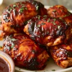 Oven-baked BBQ chicken breasts served with a side of vegetables