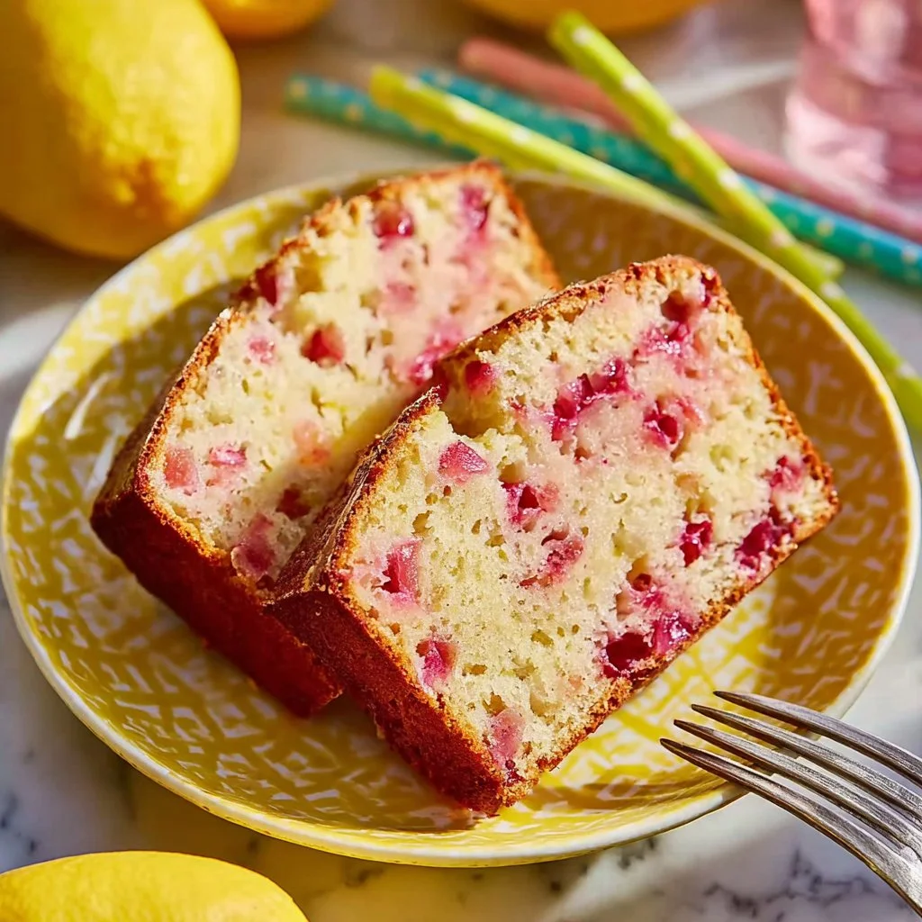 Slice of homemade lemon rhubarb bread on a wooden board