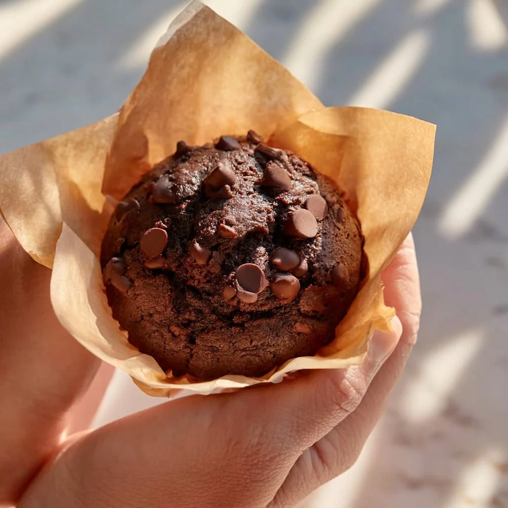 Double chocolate zucchini muffins fresh out of the oven
