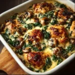 Easy low-carb chicken bake with spinach and mushrooms on a plate