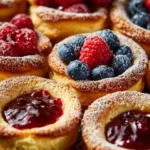 Delicious mini Dutch baby pancakes served with fresh fruit and powdered sugar