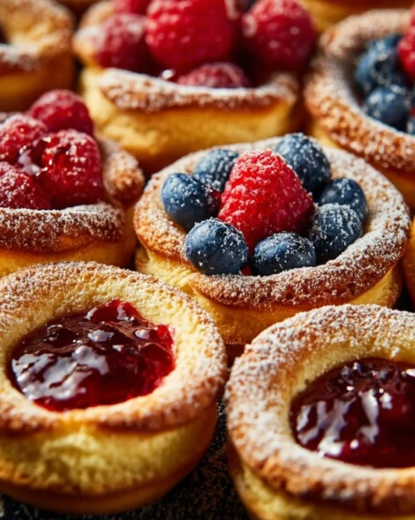 Delicious mini Dutch baby pancakes served with fresh fruit and powdered sugar
