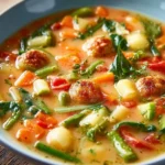 Bowl of easy summer minestrone soup with fresh vegetables