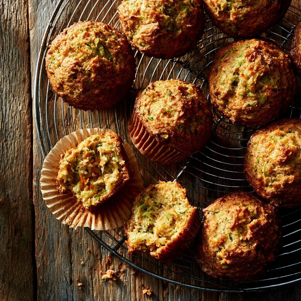 Fluffy whole wheat carrot zucchini muffins fresh from the oven