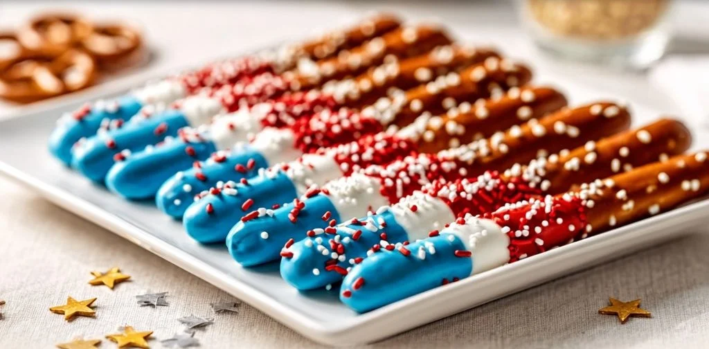 Colorful Fourth of July pretzel rods decorated with red, white, and blue chocolate.