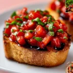 Fresh bruschetta topped with tomato and basil on a toasted slice of bread