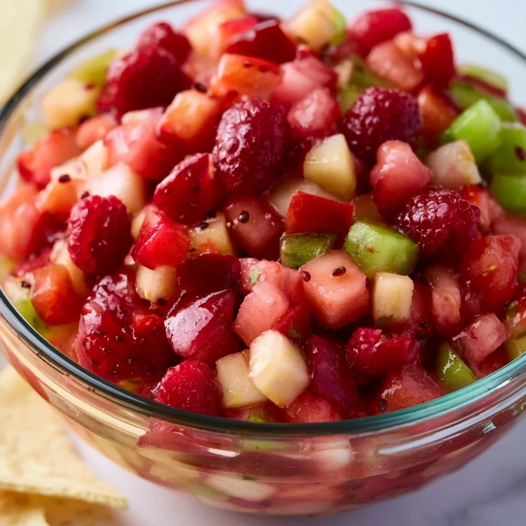 Fruit salsa served with cinnamon sugar tortilla chips in a colorful bowl