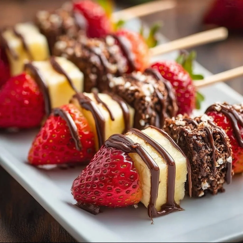 Colorful fruit kabobs on skewers ready for a summer BBQ dessert