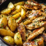 Garlic Butter Chicken served with seasoned potatoes on a plate