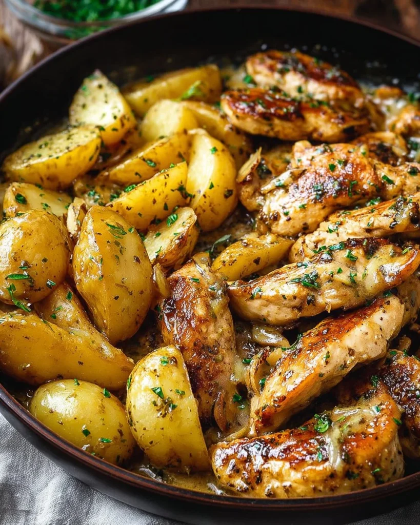 Garlic Butter Chicken served with seasoned potatoes on a plate