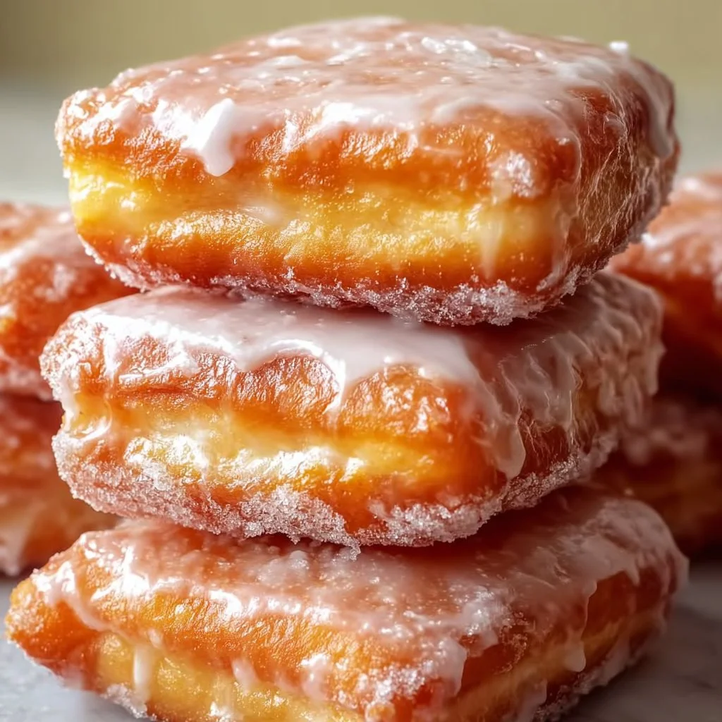 Glazed buttermilk beignet squares fresh out of the oven, dusted with powdered sugar.