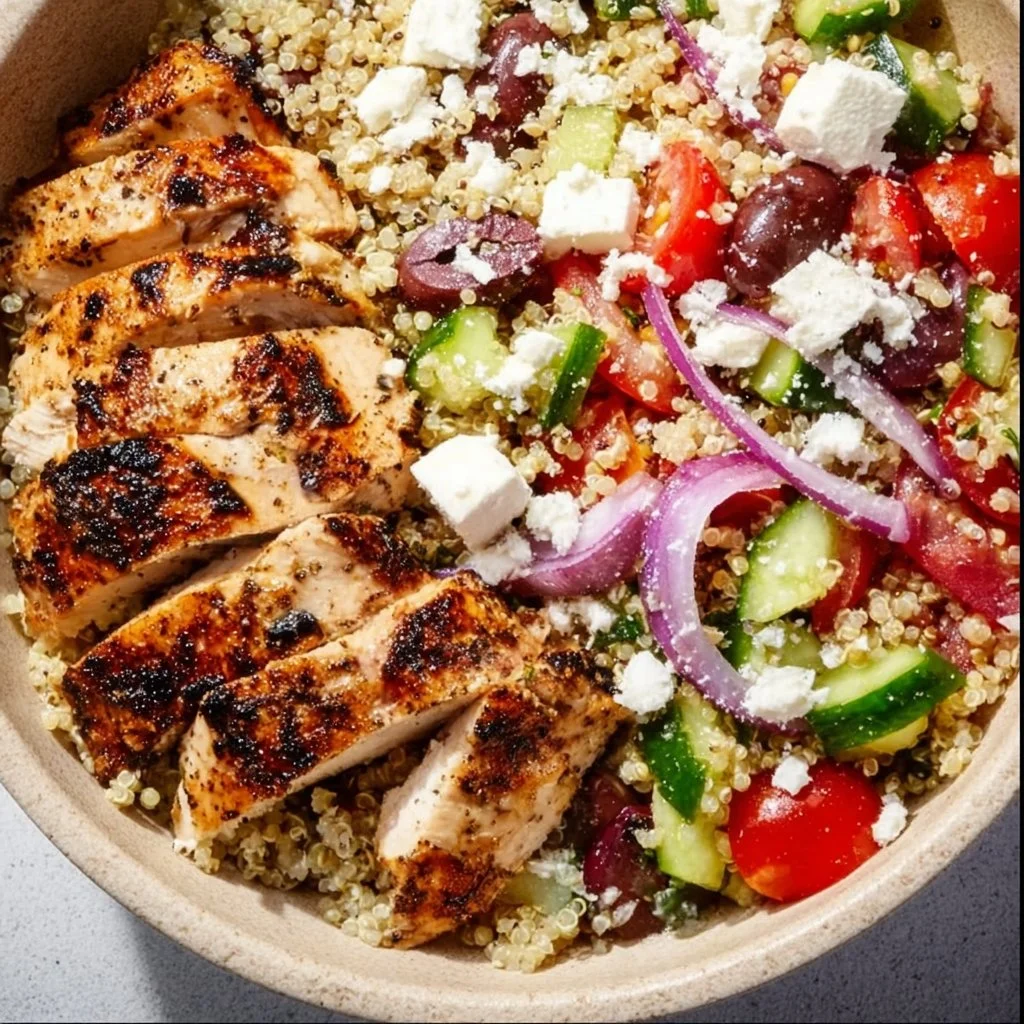 Delicious Greek Chicken Bowl with marinated chicken and fresh vegetables