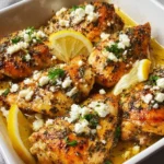 Delicious Greek chicken with lemon and feta cheese served on a plate