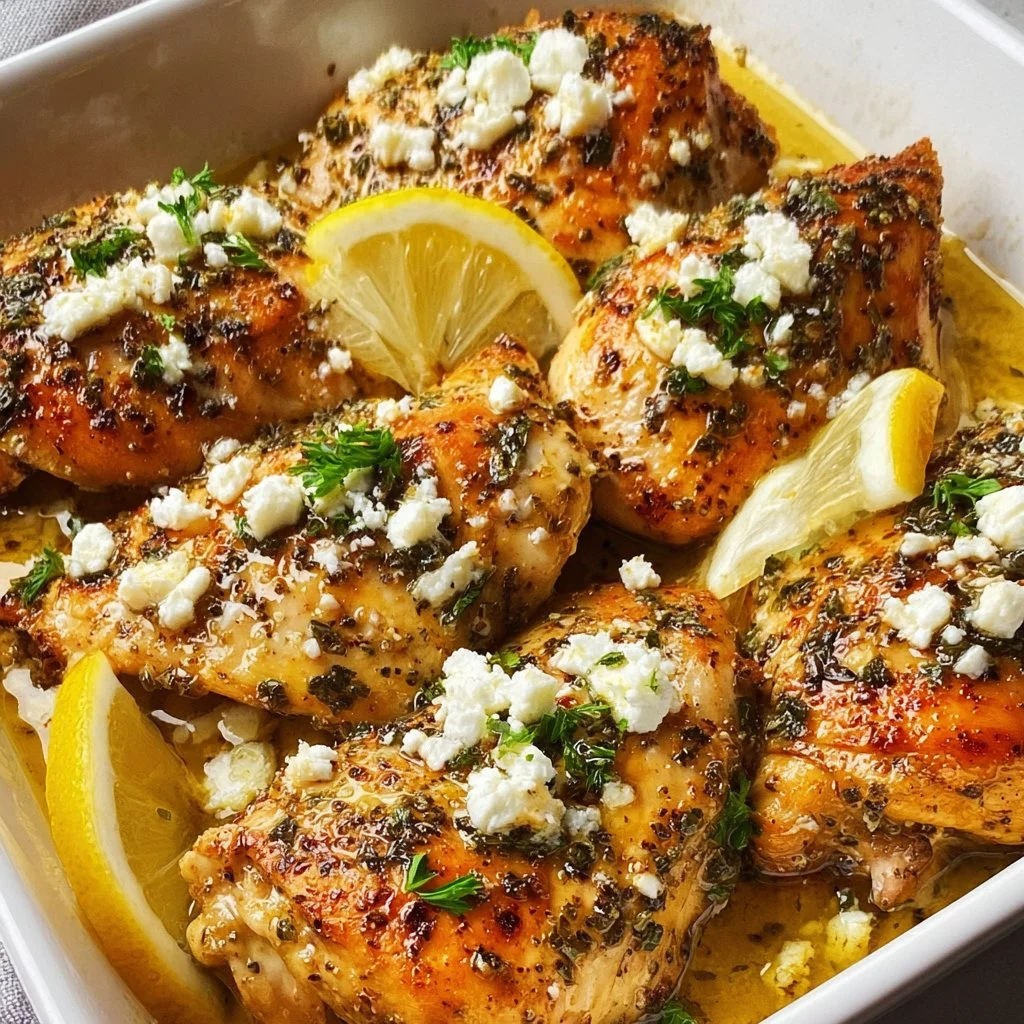 Delicious Greek chicken with lemon and feta cheese served on a plate