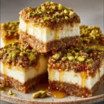 Greek Honey Pistachio Cheesecake Bars with a crumbly crust and creamy topping