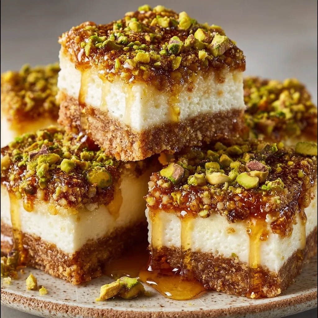 Greek Honey Pistachio Cheesecake Bars with a crumbly crust and creamy topping