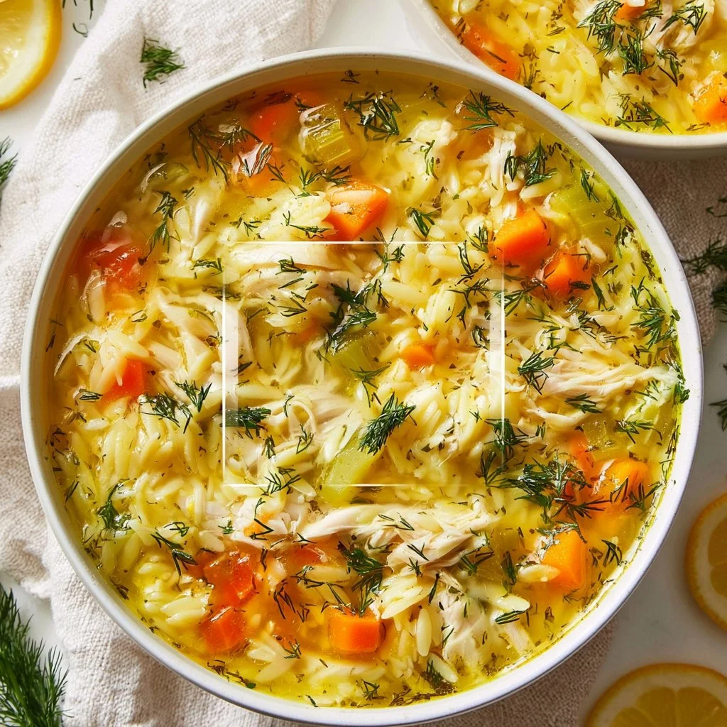 Bowl of Greek lemon chicken soup with fresh herbs and lemon slices